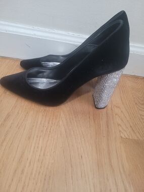 Caparros Black Velvet Pumps with Rhinestone Block Heel